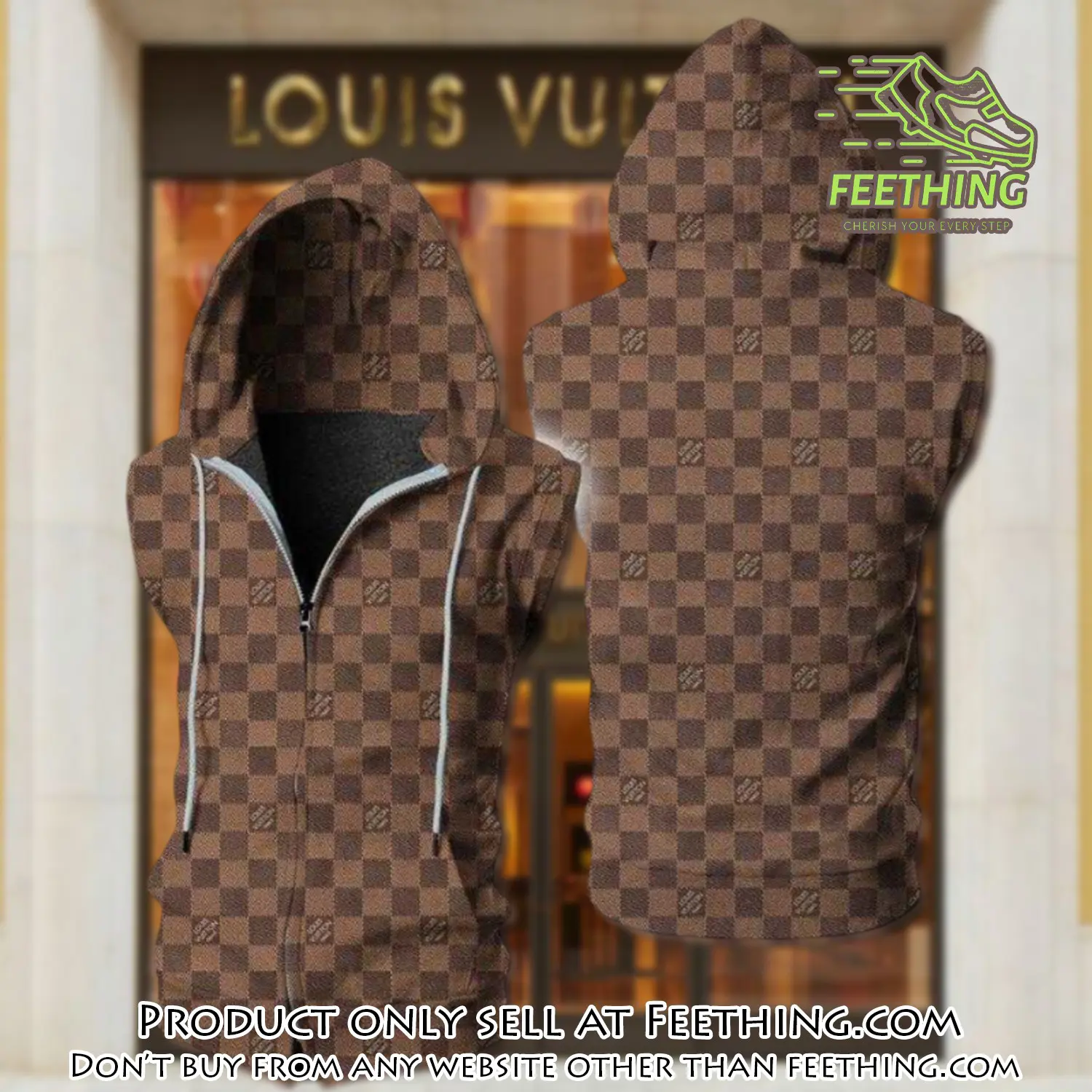 Louis vuitton brown unisex sleeveless zip up hoodie luxury for men women szh012 ft5018226